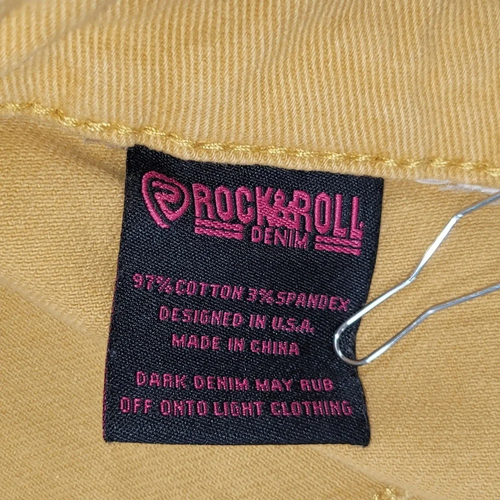 Rock & Roll Denim Mustard Yellow Bargain Button Bell Flare Jeans 29x34 Raw Hem